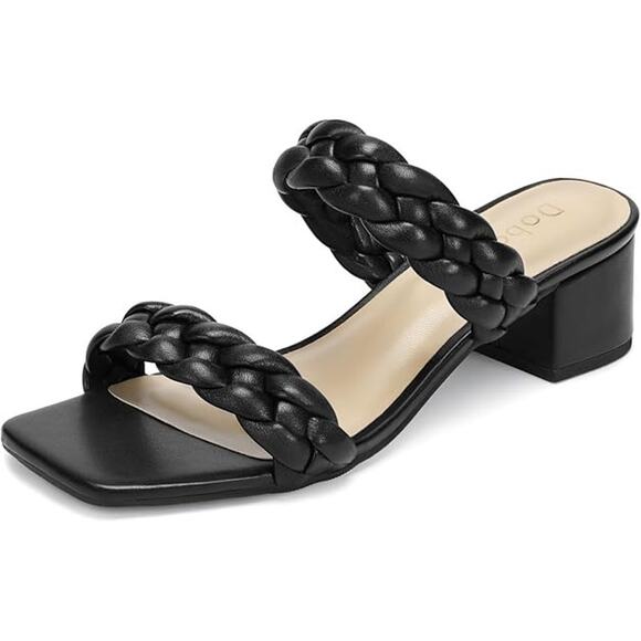 Dobolin Womens Size 7.5 Black Braided 2-Strap Open Toe 2" Chunky Heels Sandals - Picture 1 of 7